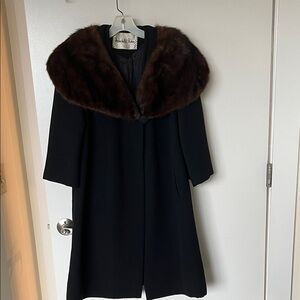 Vintage - Elegant Black knee length  Coat with  Fur Collar